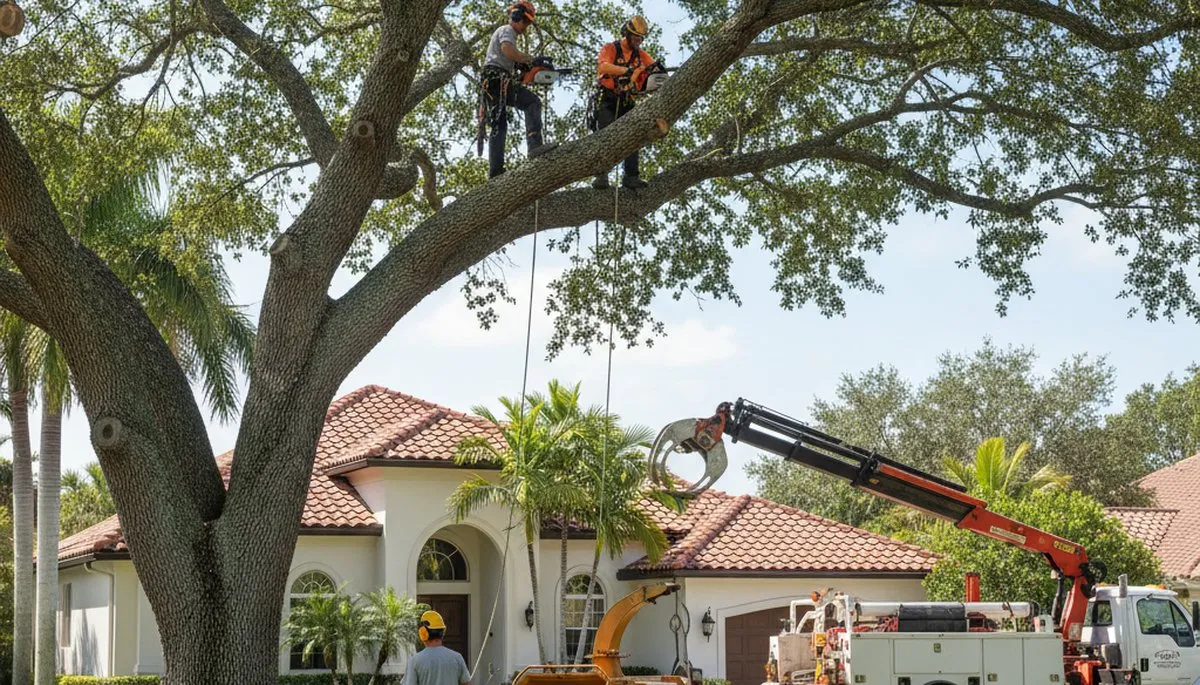 Tree service crew in West Palm Beach, FL performing professional tree removal on a residential property