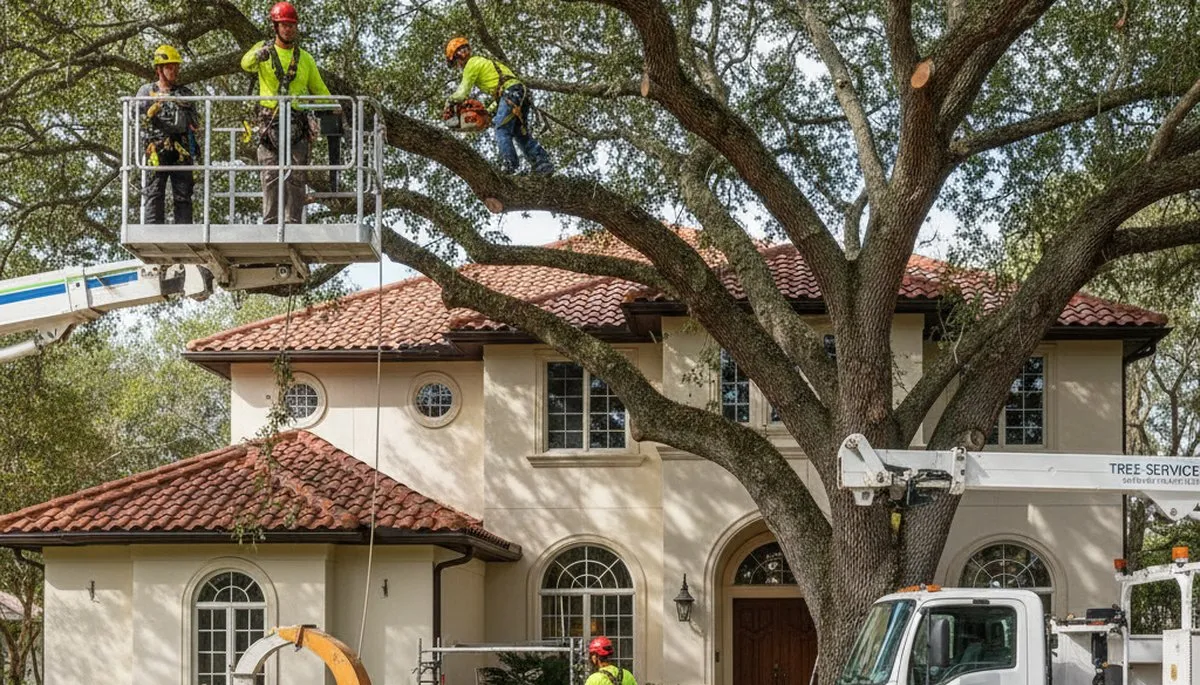 Tree service crew in West Palm Beach, FL removing a tree for safe property cleanup