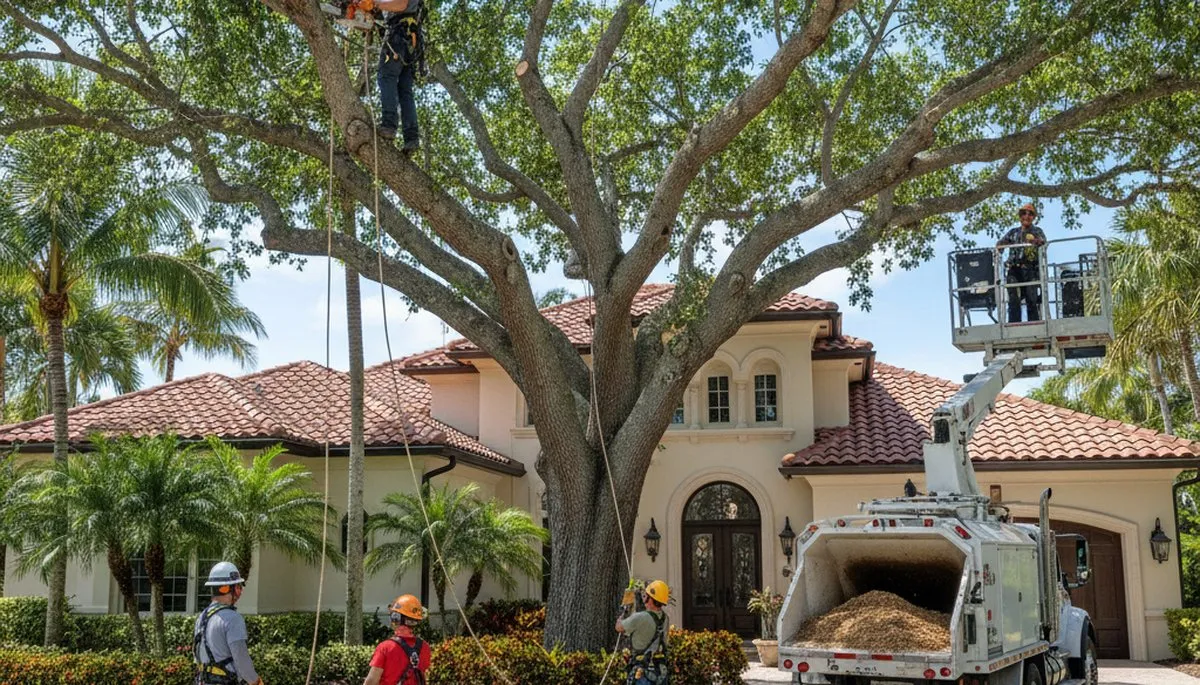 Tree service crew removing a tree in West Palm Beach, FL for safe residential property cleanup
